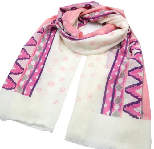 Foulard-Long-Printemps-Ete-Imprime-Motif-Fleurs-et-Bandes-Ethnique-Multicolore-Rose