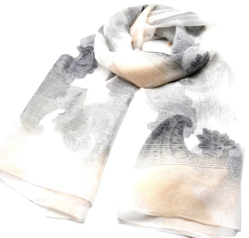 Foulard-Long-Printemps-Ete-Style-Organza-Motif-Degrade-Fleurs-et-Vagues-Blanc