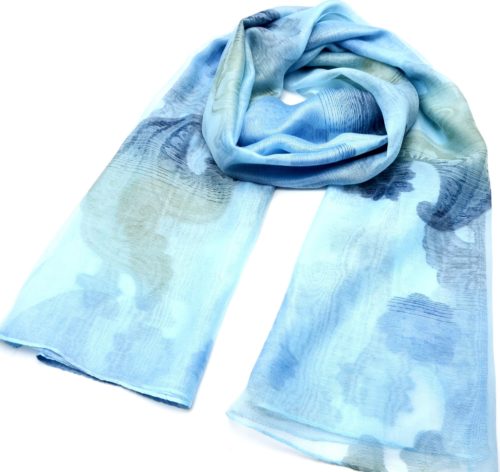 Foulard-Long-Printemps-Ete-Style-Organza-Motif-Degrade-Fleurs-et-Vagues-Bleu-Clair