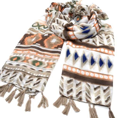 Foulard-Long-Printemps-Ete-Bandes-Imprimes-Ethnique-Taupe-avec-Pompons