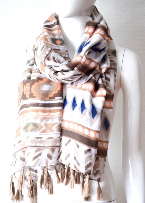 Foulard-Long-Printemps-Ete-Bandes-Imprimes-Ethnique-Taupe-avec-Pompons