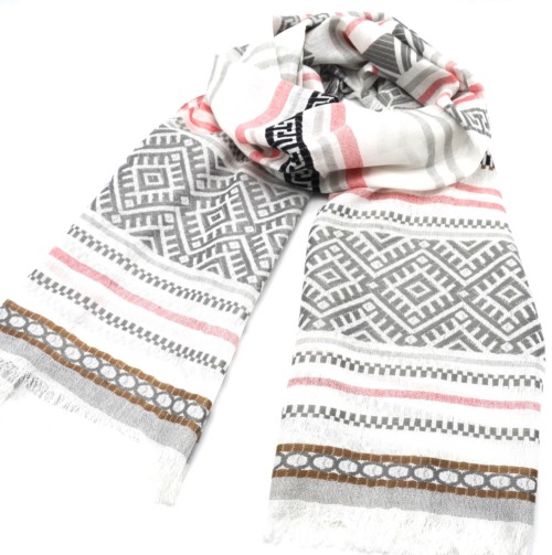 Foulard-Long-Printemps-Ete-Bandes-Motif-Style-Mosaique-et-Rayures-Gris