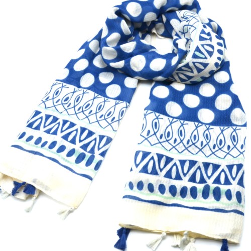 Foulard-Long-Printemps-Ete-Imprime-Gros-Pois-et-Bandes-Motifs-Ethnique-Bleu-Jean-avec-Pompons