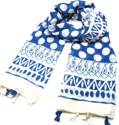 Foulard-Long-Printemps-Ete-Imprime-Gros-Pois-et-Bandes-Motifs-Ethnique-Bleu-Jean-avec-Pompons