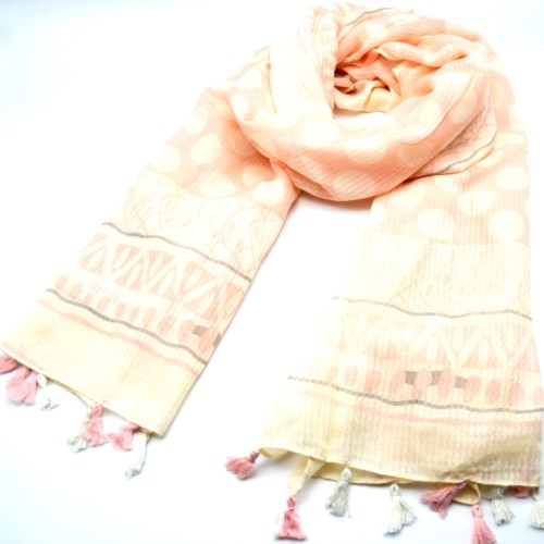 Scarf-Long-spring-summer-prints-coarse-peas-and-strips-motifs-ethnic-Rose-Clair-with-pompoms