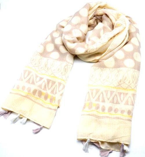 Foulard-Long-Printemps-Ete-Imprime-Gros-Pois-et-Bandes-Motifs-Ethnique-Taupe-Clair-avec-Pompons