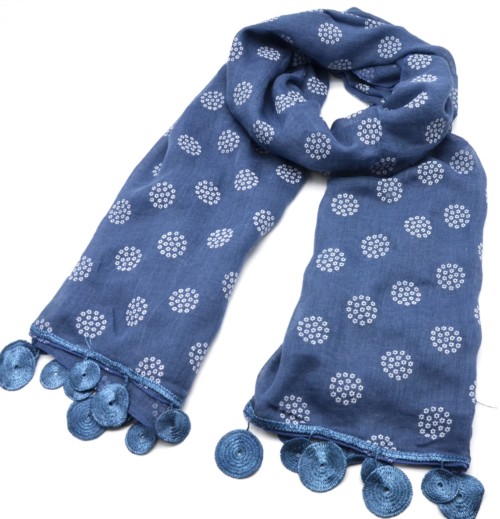 Foulard-Long-Printemps-Ete-Uni-Motif-Flocons-de-Mini-Fleurs-et-Cercles-Macrame-Bleu-Jean