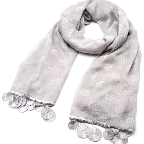 Scarf-Long-spring-summer-Uni-pattern-flakes-of-Mini-flowers-and-circles-macrame-light grey