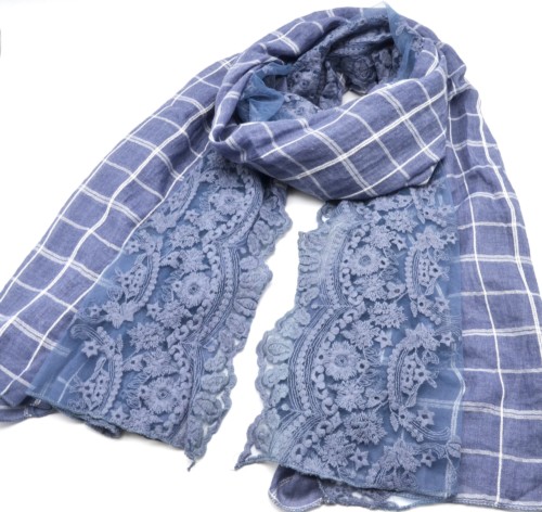 Foulard-Long-Printemps-Ete-Imprime-Carreaux-et-Dentelle-Motif-Fleurs-Bleu-Jean