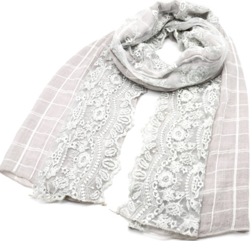 Foulard-Long-Printemps-Ete-Imprime-Carreaux-et-Dentelle-Motif-Fleurs-Gris-Clair