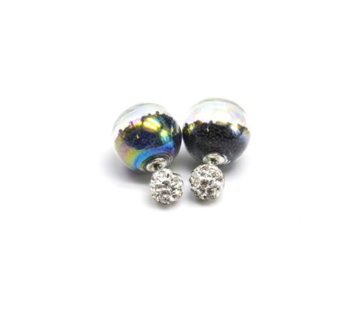 Boucles-dOreilles-Double-Boule-Strass-Argente-et-Boule-Verre-avec-Billes-Noir