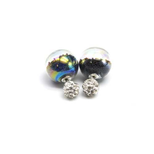 Boucles-dOreilles-Double-Boule-Strass-Argente-et-Boule-Verre-avec-Billes-Noir