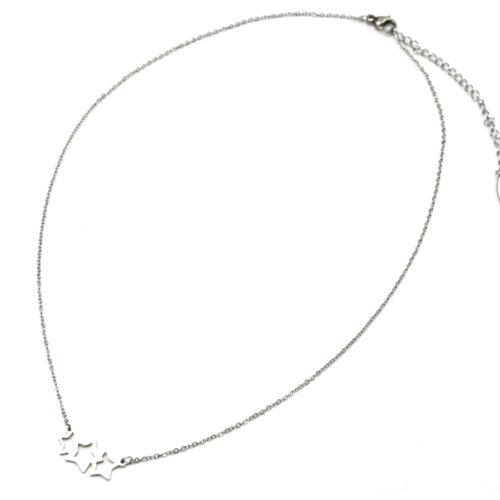 Collier-Fine-Chaine-et-Pendentif-Triple-Etoiles-Acier-Argente