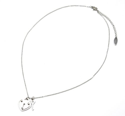 Collier-Fine-Chaine-et-Pendentif-Cadenas-Coeur-avec-Mini-Cle-Acier-Argente