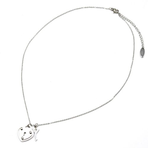 Collier-Fine-Chaine-et-Pendentif-Cadenas-Coeur-avec-Mini-Cle-Acier-Argente