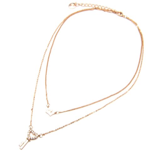 Collier-Double-Pendentifs-Couronne-et-Cle-Coeur-Strass-Metal-Or-Rose