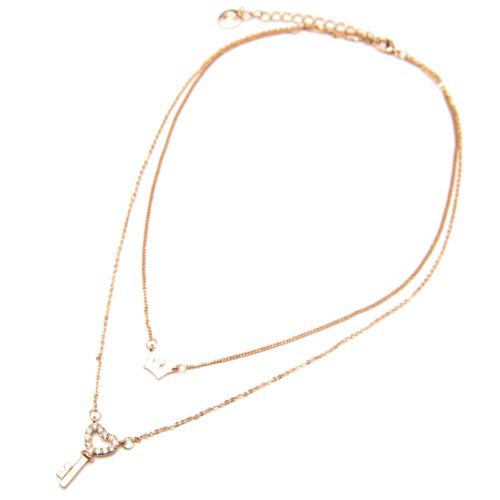 Collier-Double-Pendentifs-Couronne-et-Cle-Coeur-Strass-Metal-Or-Rose
