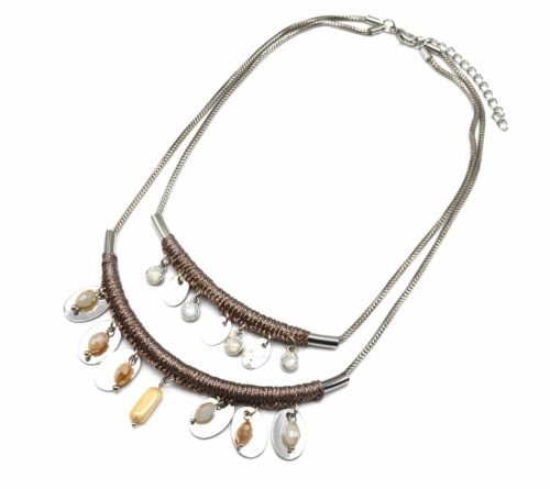 Collier-Double-Tubes-Fils-Brillants-Taupe-avec-Pierres-et-Pampilles-Metal-Argente