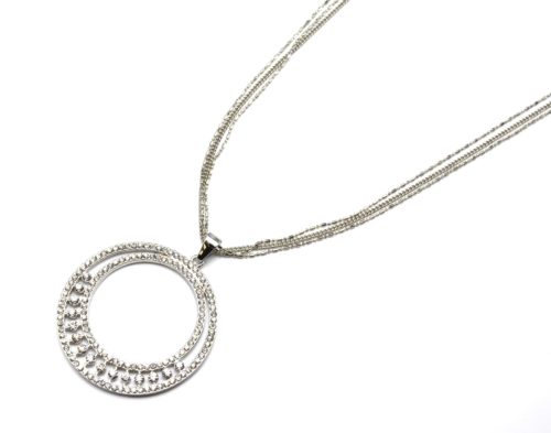 Sautoir-Collier-Pendentif-Double-Cercles-Contour-Strass-Pierres-et-Metal-Argente