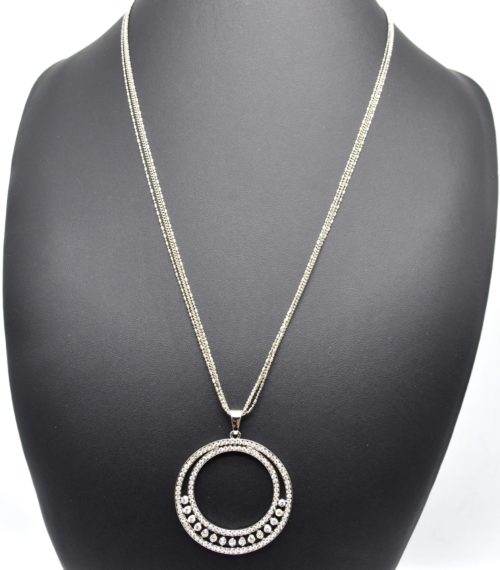 Sautoir-Collier-Pendentif-Double-Cercles-Contour-Strass-Pierres-et-Metal-Argente