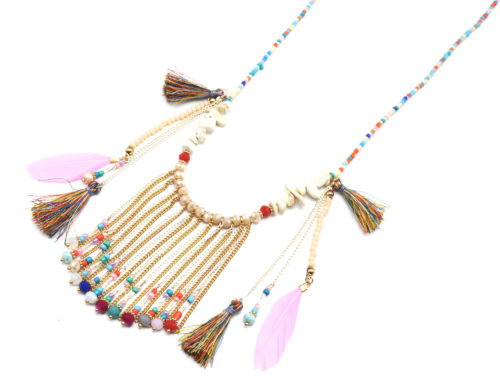 Sautoir-Collier-Perles-Rocaille-avec-Pendentif-Chaines-Pompons-et-Plumes-Multicolore