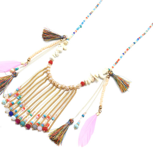 Sautoir-Collier-Perles-Rocaille-avec-Pendentif-Chaines-Pompons-et-Plumes-Multicolore