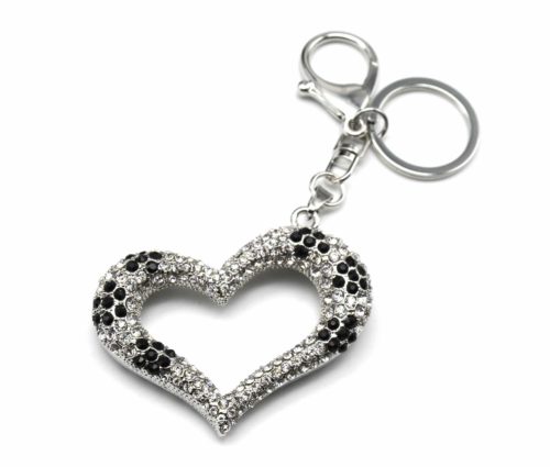 Porte-Cles-Bijou-de-Sac-Coeur-Ouvert-XXL-Contour-Strass-ArgenteNoir