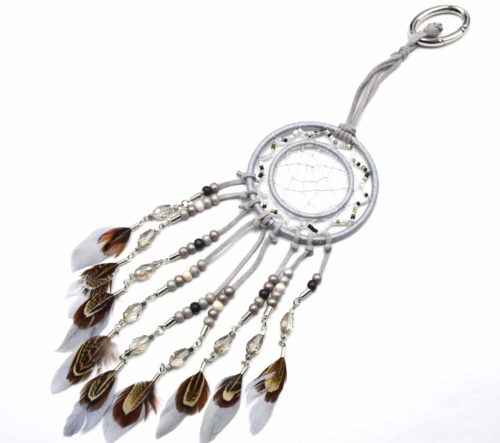 Porte-Cles-Bijou-de-Sac-Attrape-Reves-Dreamcatcher-Feutrine-avec-Fils-Brillants-Perles-et-Plumes-Ethnique-Gris