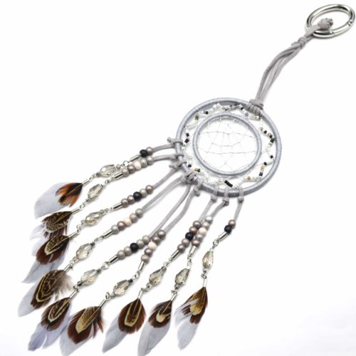 Porte-Cles-Bijou-de-Sac-Attrape-Reves-Dreamcatcher-Feutrine-avec-Fils-Brillants-Perles-et-Plumes-Ethnique-Gris