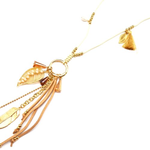 Sautoir-Collier-Cordon-Pendentif-Cercle-Metal-Dore-avec-Perles-Feuilles-et-Pompon-Beige