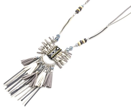 Sautoir-Collier-Pendentif-Ethnique-Franges-Pompons-et-Chaines-Metal-GrisEcru