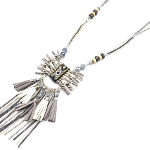 Sautoir-Collier-Pendentif-Ethnique-Franges-Pompons-et-Chaines-Metal-GrisEcru