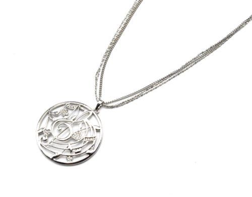 Sautoir-Collier-Multi-Chaines-Pendentif-Cercle-Ajoure-Notes-Musique-Strass-Metal-Argente