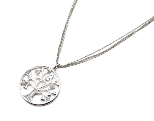 Sautoir-Collier-Multi-Chaines-Pendentif-Cercle-Ajoure-Arbre-de-Vie-Strass-Metal-Argente