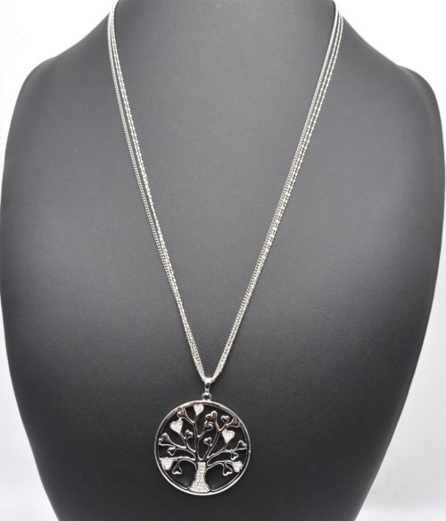 Sautoir-Collier-Multi-Chaines-Pendentif-Cercle-Ajoure-Arbre-de-Vie-Strass-Metal-Argente