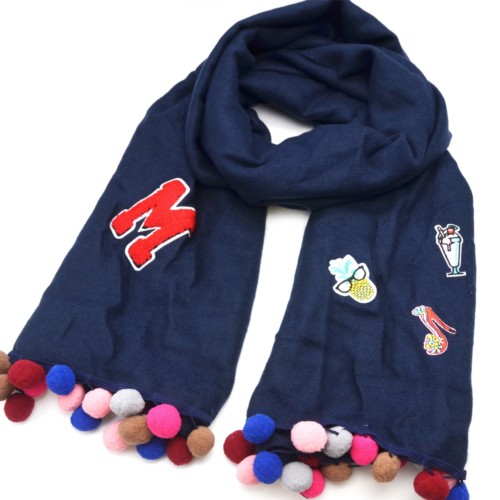 Scarf-long-autumn-winter-wool-Uni-blue-navy-with-Multi-patches-assorted-and-pompoms-ball-multicolor