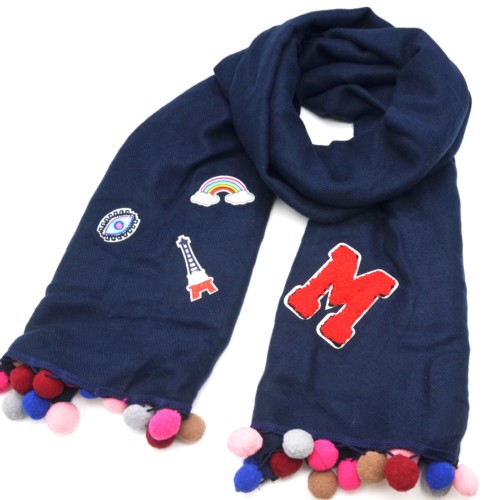 Echarpe-Longue-Automne-Hiver-Laine-Uni-Bleu-Marine-avec-Multi-Patchs-Assortis-et-Pompons-Boule-Multicolore