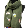 Echarpe-Longue-Automne-Hiver-Laine-Uni-Kaki-avec-Multi-Patchs-Assortis-et-Pompons-Boule-Multicolore