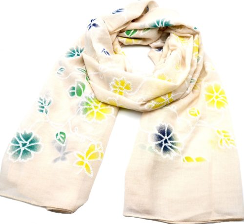 Foulard-Long-Printemps-Ete-Uni-Beige-Motif-Fleurs-Brodees-Multicolore