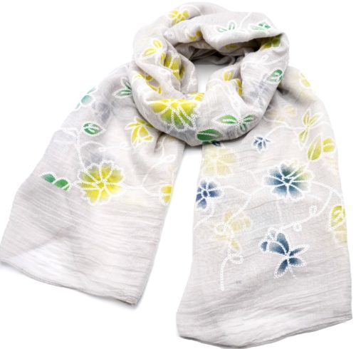 Foulard-Long-Printemps-Ete-Uni-Gris-Clair-Motif-Fleurs-Brodees-Multicolore