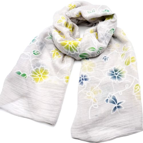 Scarf-Long-spring-summer-Uni-grey-light-Motif-flowers-embroidered-multicolor