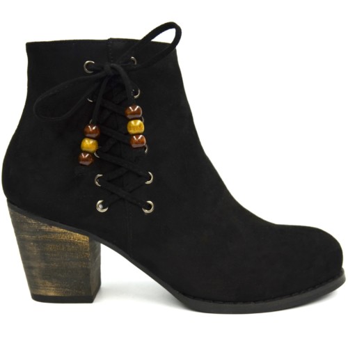 Bottines-Boots-Talon-Effet-Daim-Uni-avec-Lacets-Croiss-sur-le-Ct-et-Perles-Bois-Ethnique