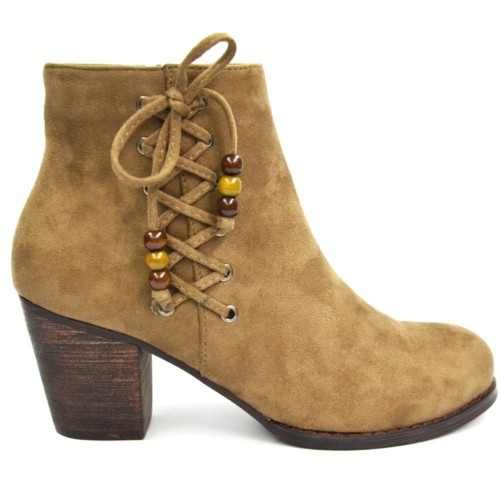 Bottines-Boots-Talon-Effet-Daim-Uni-avec-Lacets-Croiss-sur-le-Ct-et-Perles-Bois-Ethnique