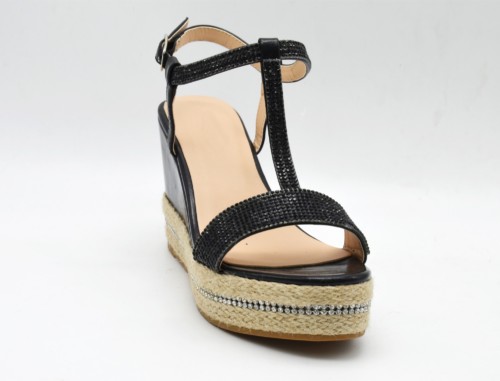SHT16 * Sandales Nu-Pieds avec Brides Strass et Semelle Plateforme Compensée Style Espadrilles (Noir) – Image 2