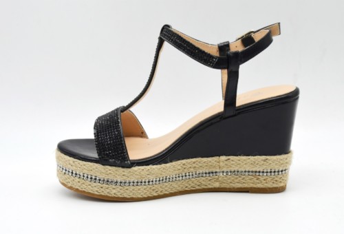 SHT16 * Sandales Nu-Pieds avec Brides Strass et Semelle Plateforme Compensée Style Espadrilles (Noir) – Image 4