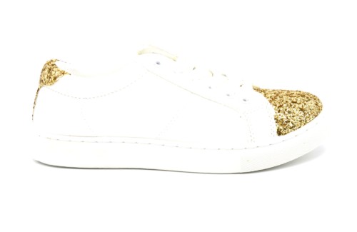 Baskets-Sneakers-Simili-Cuir-Blanc-Uni-avec-Bouts-Avant-Arriere-Paillettes-Dore-et-Lacets