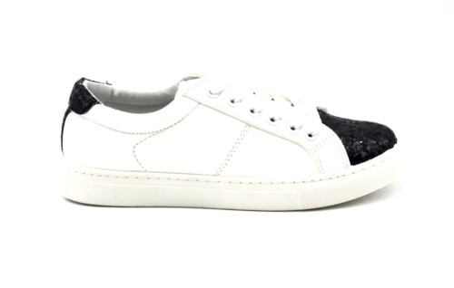 Baskets-Sneakers-Simili-Cuir-Blanc-Uni-avec-Bouts-Avant-Arriere-Paillettes-Noir-et-Lacets