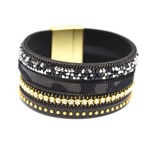 Bracelet-Manchette-Clous-Brillants-Chaines-Bande-Simili-Cuir-Noir