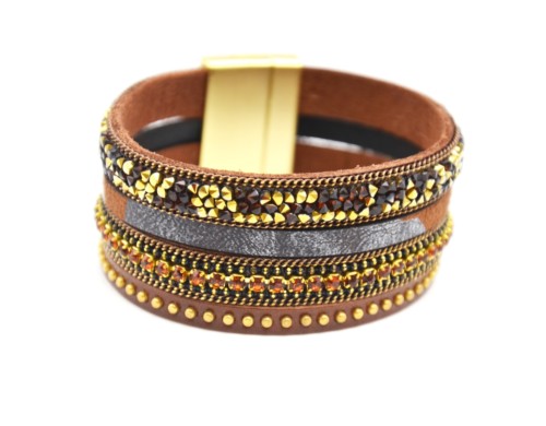 Bracelet-Manchette-Clous-Brillants-Chaines-Bande-Simili-Cuir-Marron