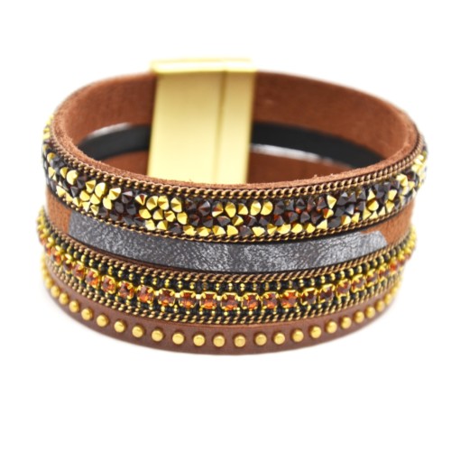 Bracelet-Manchette-Clous-Brillants-Chaines-Bande-Simili-Cuir-Marron